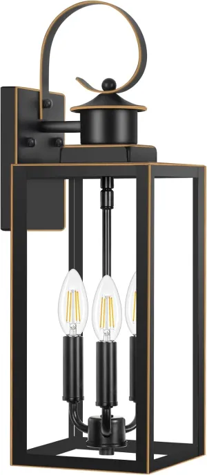 3-Light Outdoor Wall Light Fixtures, 19 Inch Large Waterproof Exterior Wall Sconces with Glass Shades, Black with Gold Trim Anti-Rust Outside Wall Lantern for House, Front Porch, Patio, Garage