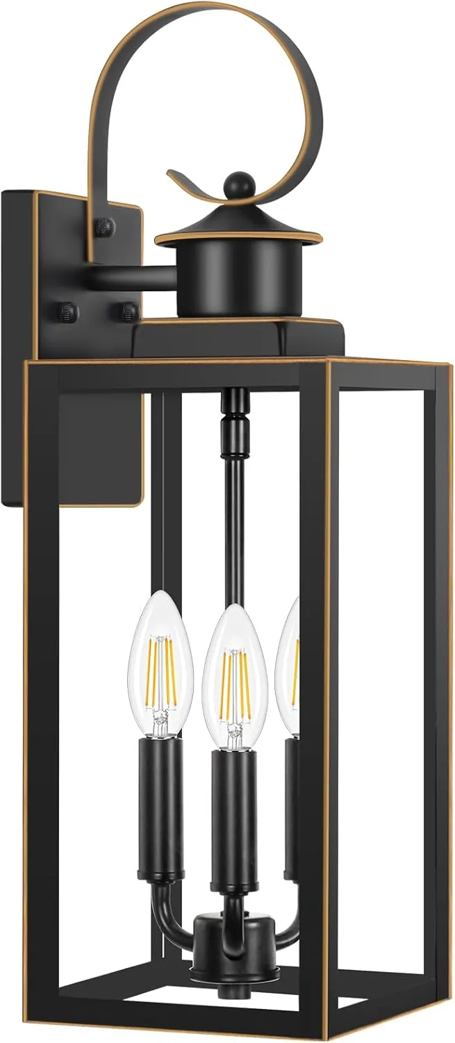 3-Light Outdoor Wall Light Fixtures, 19 Inch Large Waterproof Exterior Wall Sconces with Glass Shades, Black with Gold Trim Anti-Rust Outside Wall Lantern for House, Front Porch, Patio, Garage