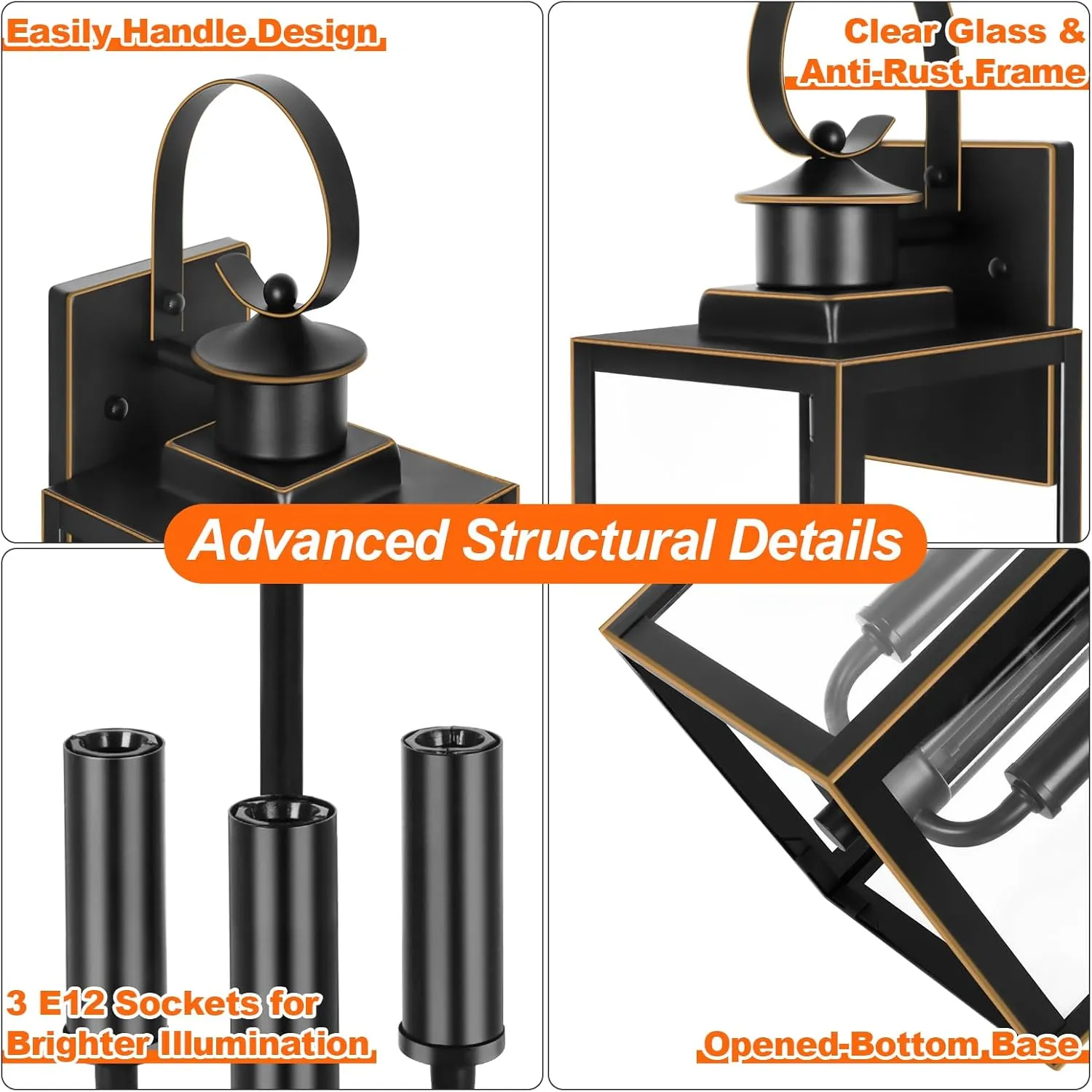 3-Light Outdoor Wall Light Fixtures, 19 Inch Large Waterproof Exterior Wall Sconces with Glass Shades, Black with Gold Trim Anti-Rust Outside Wall Lantern for House, Front Porch, Patio, Garage