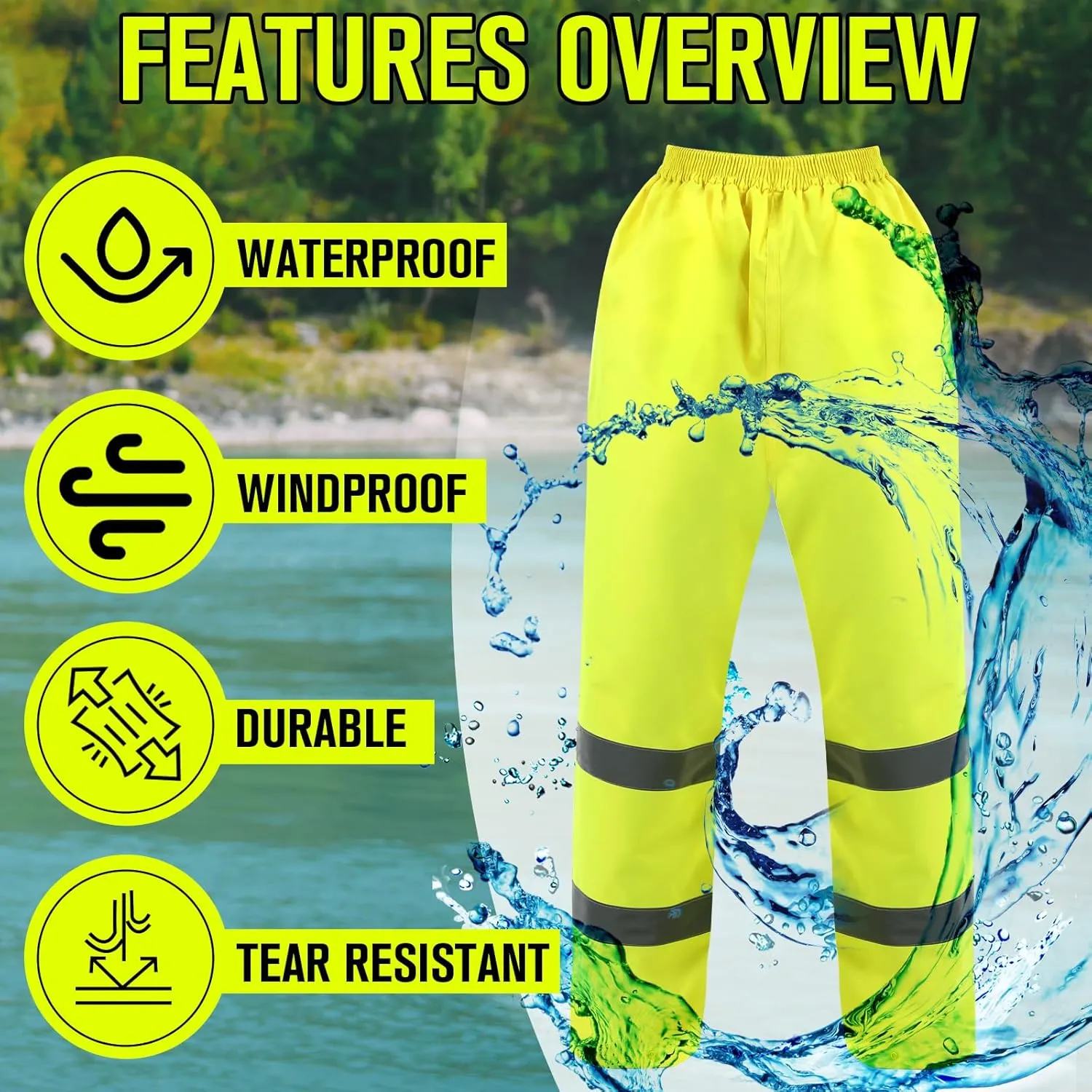 3 Pack Hi Vis Rain Pants Waterproof Reflective Work Pants High Visibility Yellow 150D Heavy Duty Construction Rain Gear