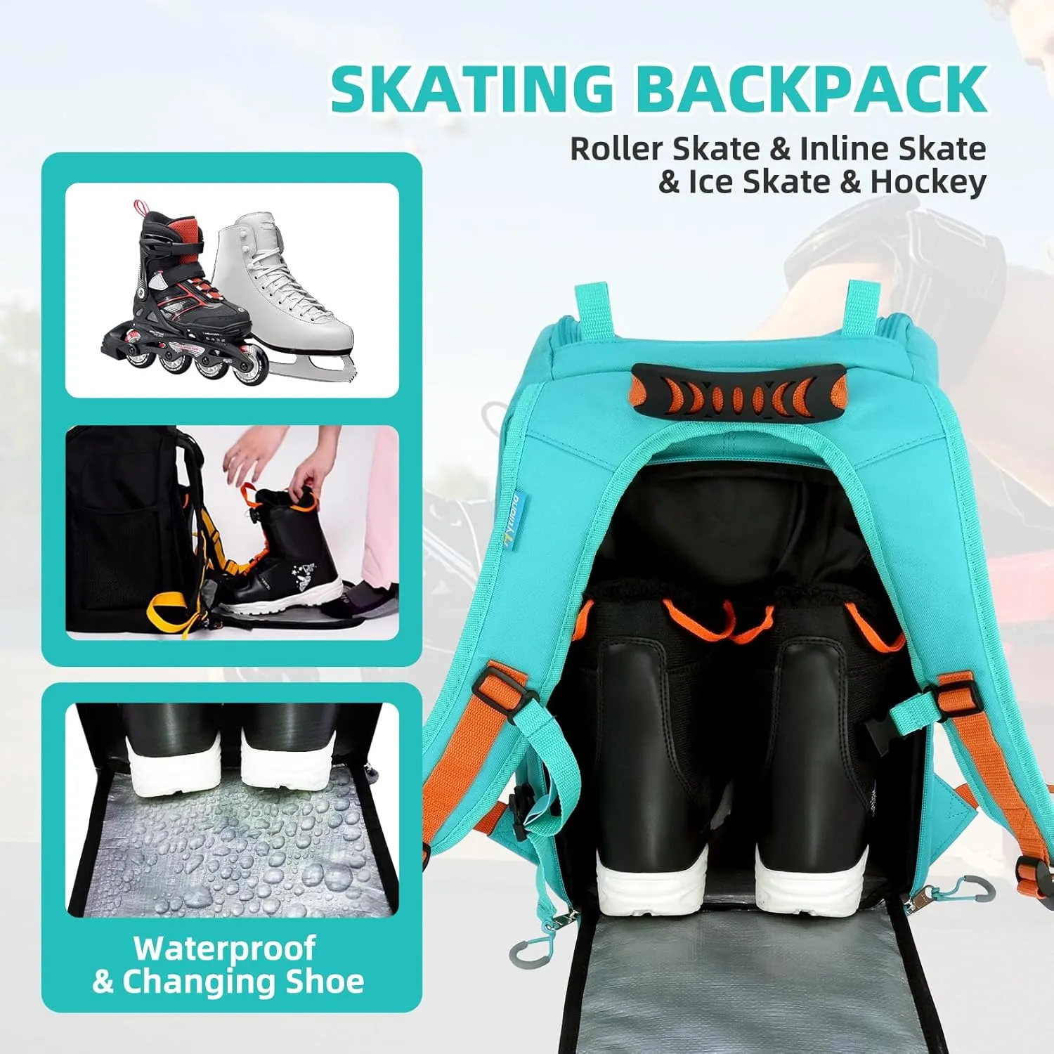3 Pcs Roller Skate Bag Internal waterproof Ice Skate Bag roller skate backpack with Multi-Pockets Skate Bag Fits to US women and man Skateing Accessory with Covers Towel Locking Carabiner