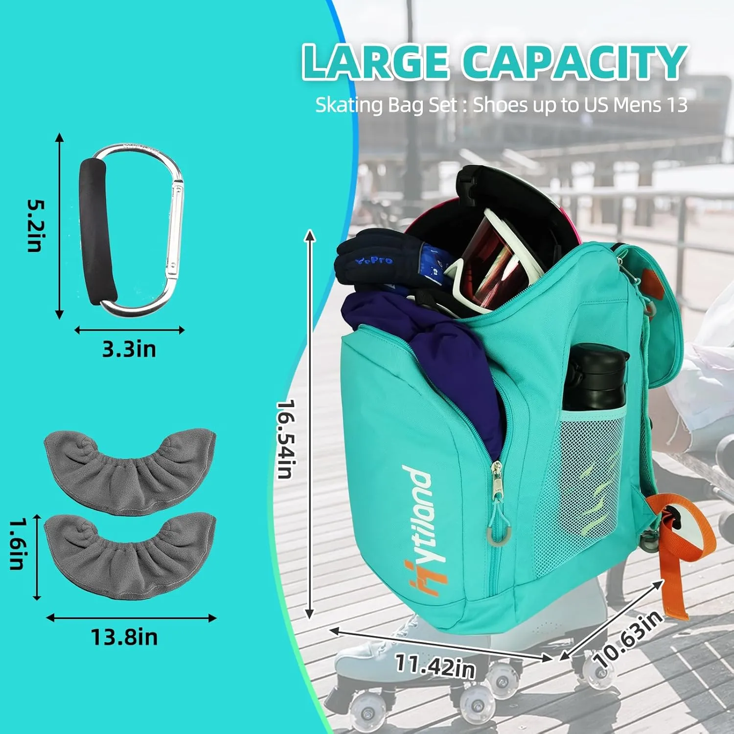 3 Pcs Roller Skate Bag Internal waterproof Ice Skate Bag roller skate backpack with Multi-Pockets Skate Bag Fits to US women and man Skateing Accessory with Covers Towel Locking Carabiner