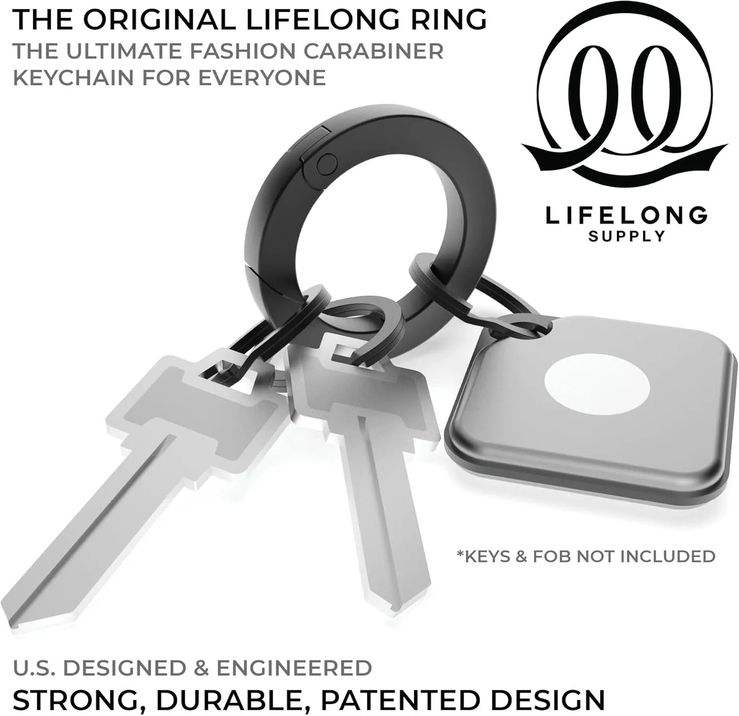 300 Series (1) Circle Carabiner Keychain Clip & (3) Matching Flat-Style Key Rings for Keychain Set