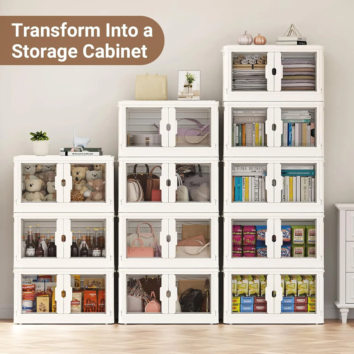345Qt Stackable Storage Bins with Lids & Wheels, 3-Pack Large Plastic Collapsible Latching Boxes, Closet Organizers and Storage Cabinet Shelves, for Home Garage Office Organization, V7 White