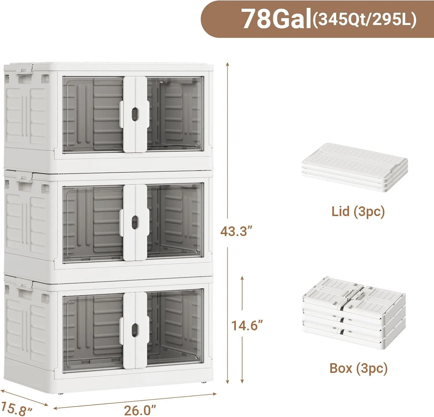 345Qt Stackable Storage Bins with Lids & Wheels, 3-Pack Large Plastic Collapsible Latching Boxes, Closet Organizers and Storage Cabinet Shelves, for Home Garage Office Organization, V7 White
