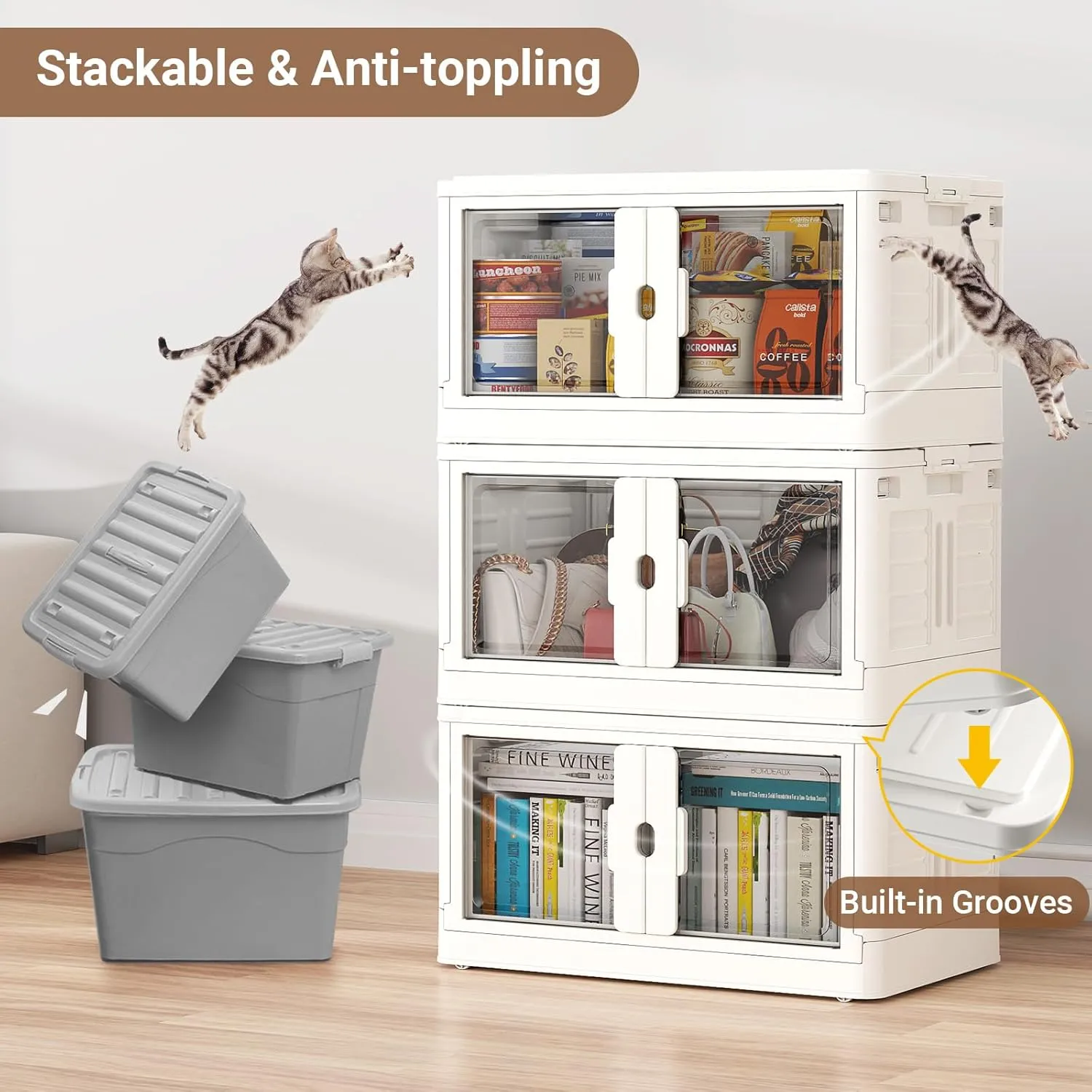 345Qt Stackable Storage Bins with Lids & Wheels, 3-Pack Large Plastic Collapsible Latching Boxes, Closet Organizers and Storage Cabinet Shelves, for Home Garage Office Organization, V7 White