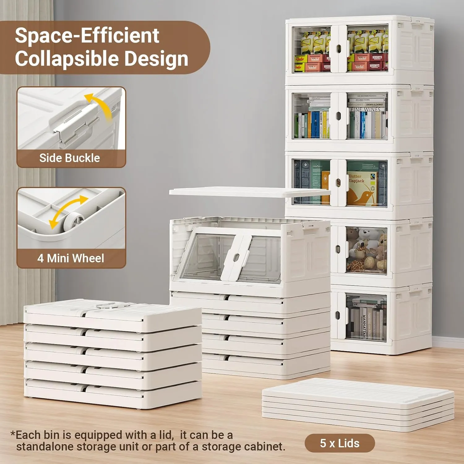 345Qt Stackable Storage Bins with Lids & Wheels, 3-Pack Large Plastic Collapsible Latching Boxes, Closet Organizers and Storage Cabinet Shelves, for Home Garage Office Organization, V7 White