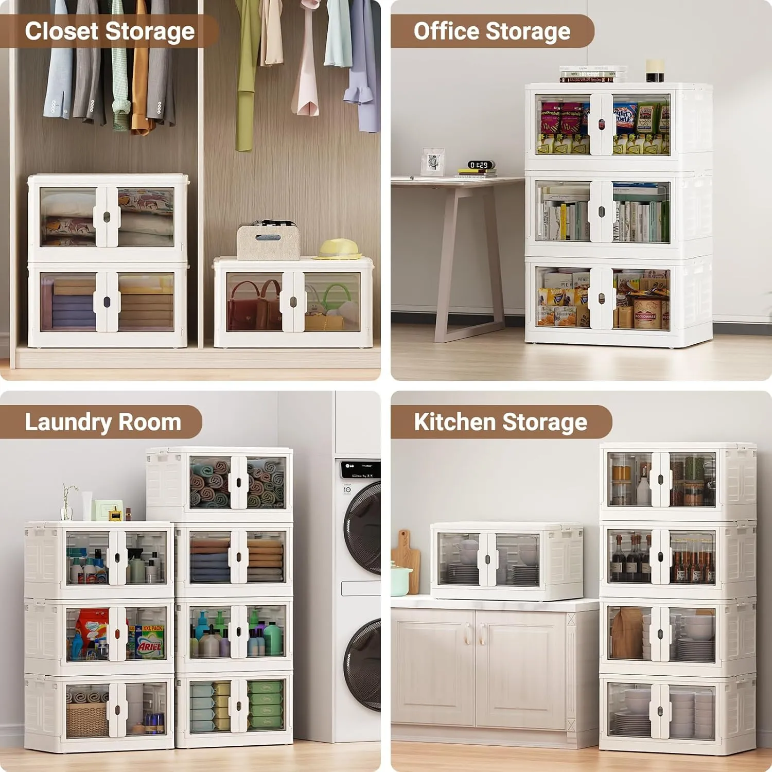 345Qt Stackable Storage Bins with Lids & Wheels, 3-Pack Large Plastic Collapsible Latching Boxes, Closet Organizers and Storage Cabinet Shelves, for Home Garage Office Organization, V7 White