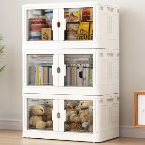 345Qt Stackable Storage Bins with Lids & Wheels, 3-Pack Large Plastic Collapsible Latching Boxes, Closet Organizers and Storage Cabinet Shelves, for Home Garage Office Organization, V7 White