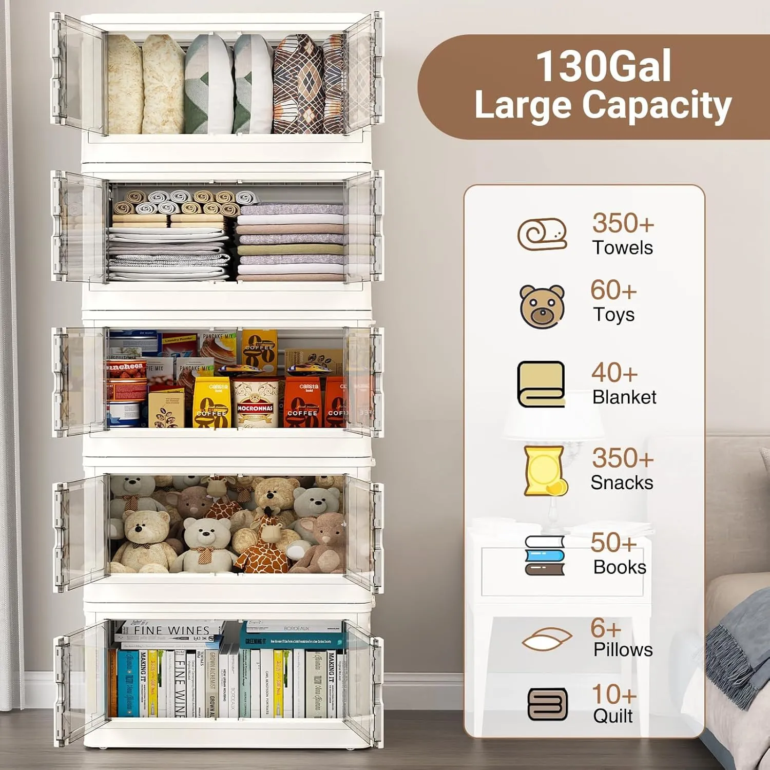 345Qt Stackable Storage Bins with Lids & Wheels, 3-Pack Large Plastic Collapsible Latching Boxes, Closet Organizers and Storage Cabinet Shelves, for Home Garage Office Organization, V7 White