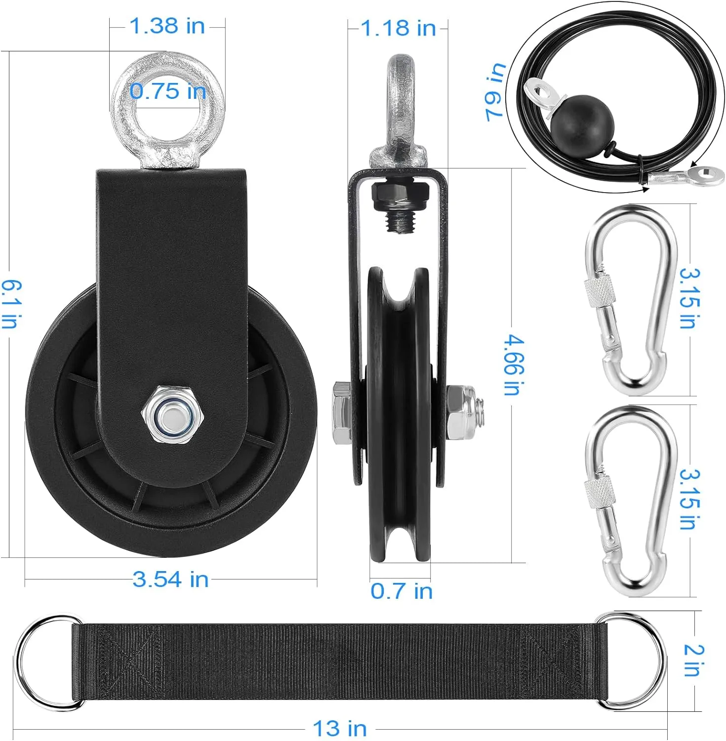 3.54 in Cable Pulley 360 Rotation Traction Wheel with Carabiner and Strap,Silence Smooth Detachable for DIY Gym Pulley System,DIY Gym Attachment Lifting Blocks,Ladder Lift,Hoists,Clothesline
