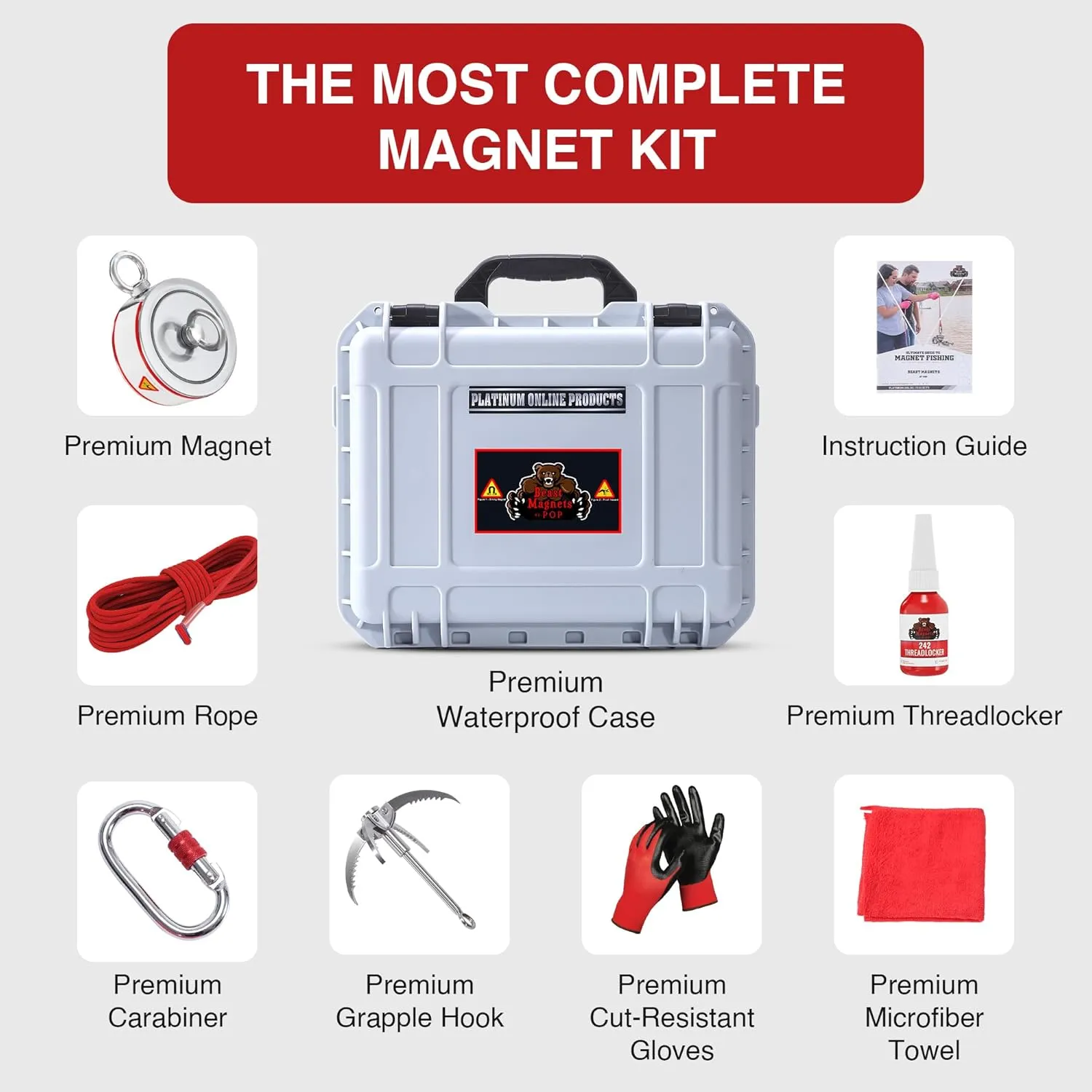 3600LB’s Complete Magnet Fishing Kit | Double Sided Fishing Magnet Kit with Case | Includes Strong Neodymium N52 Magnets, Durable 65ft Rope, Carabiner, Gloves, Grappling Hook & Carry Case