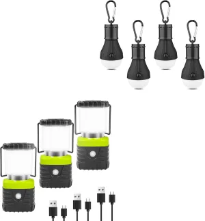 3Packs Rechargeable 1000LM, 4500mAh Power Bank & 4 Packs, Black LED Camping Tent Lantern Battery Powered with Clip Hook