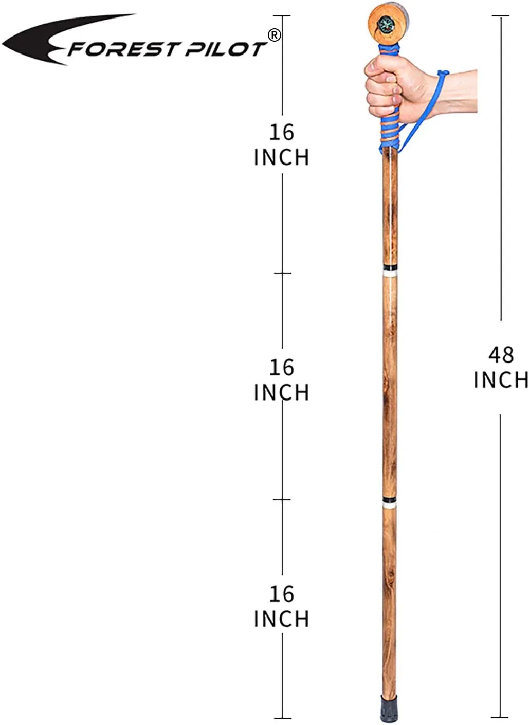 3pc Detachable Hardwood Walking Stick for Hiking with Compass 48 Inches - Soft Hand Strap - Rubber Tip Cover