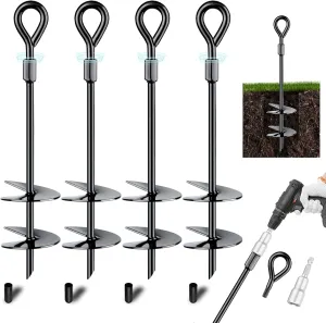 4 Pack Ground Anchors Screw in Tent Stakes Heavy Duty Set with Power Nut Driver,Spiral Earth Anchors for Camping Tent, Trampoline，Swing Set, Canopy，Carports, Sheds（B