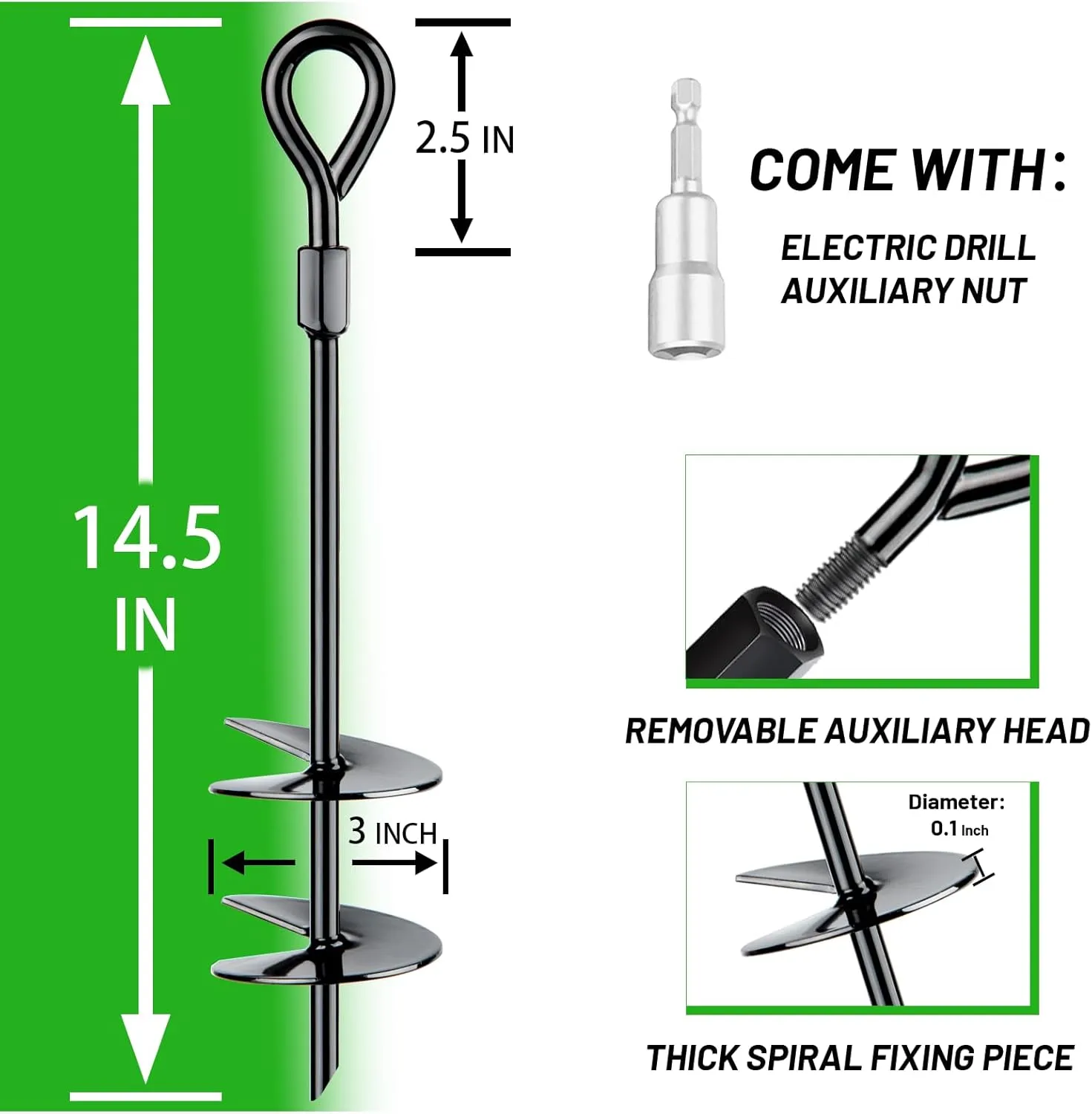 4 Pack Ground Anchors Screw in Tent Stakes Heavy Duty Set with Power Nut Driver,Spiral Earth Anchors for Camping Tent, Trampoline，Swing Set, Canopy，Carports, Sheds（B