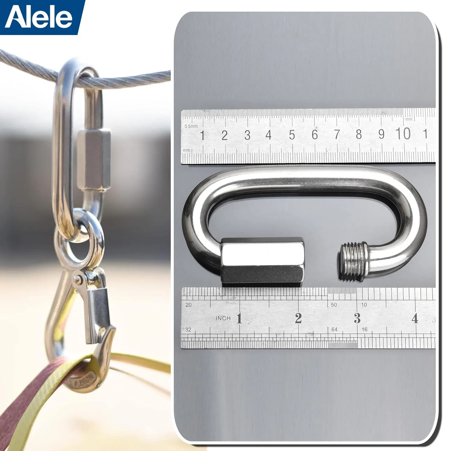 4 Packs 1/2" Quick Links,Alele M12 Heavy Duty 304 Stainless Steel Quick Link D Shape Locking Looks for Carabiner, Hammock, Camping and Outdoor Equipment, Max. Load 3300 Lb