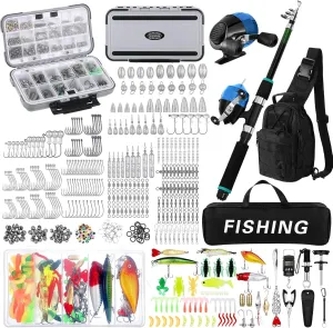 484 Pcs Fishing Tools Kit Fishing Accessories Kit Include Fish Rod and Reel Combo Set Tackle Box with Tackle Hook Remover Tools Backpack Lures for Men Women Fish Gear Gifts