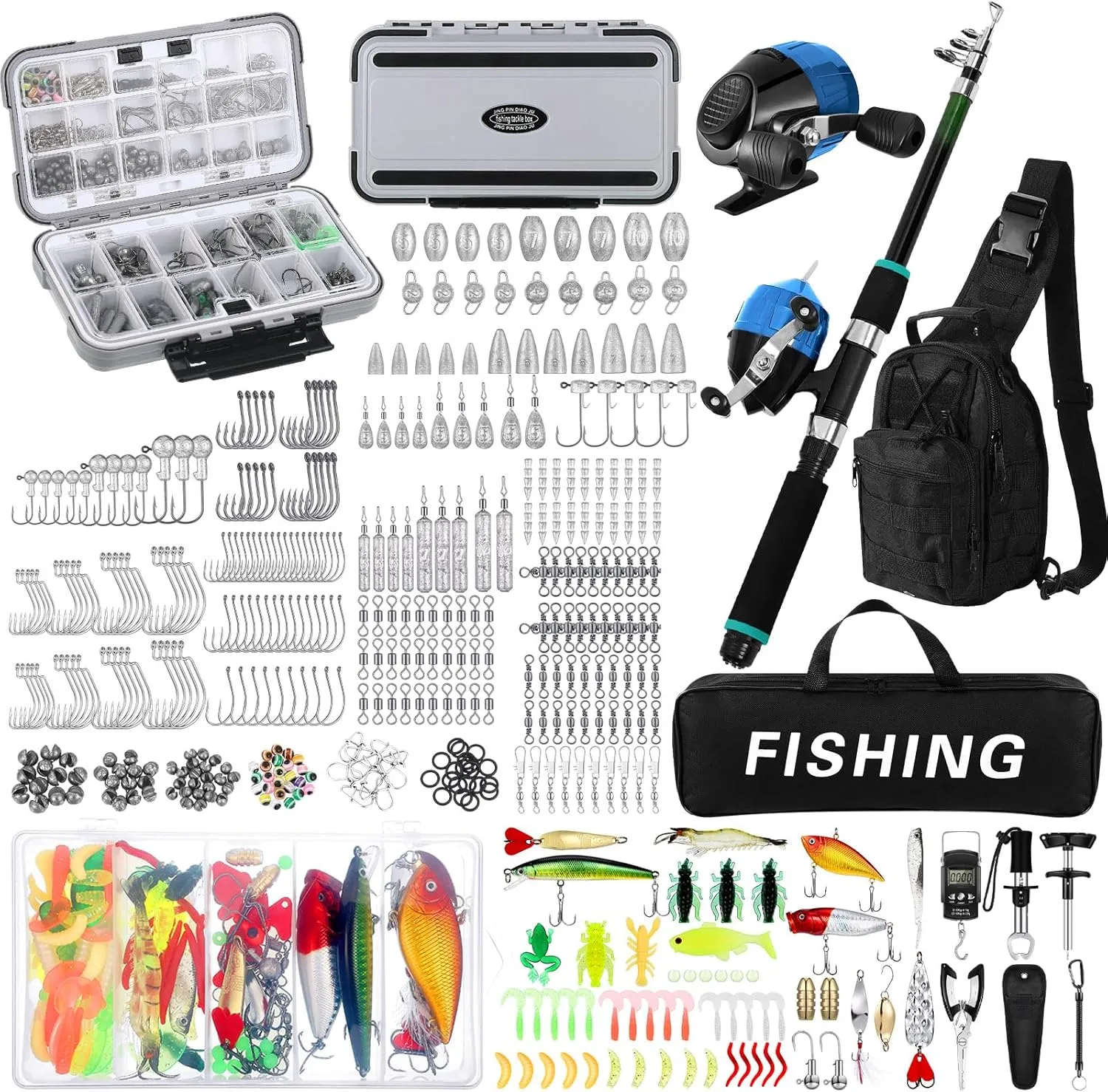 484 Pcs Fishing Tools Kit Fishing Accessories Kit Include Fish Rod and Reel Combo Set Tackle Box with Tackle Hook Remover Tools Backpack Lures for Men Women Fish Gear Gifts