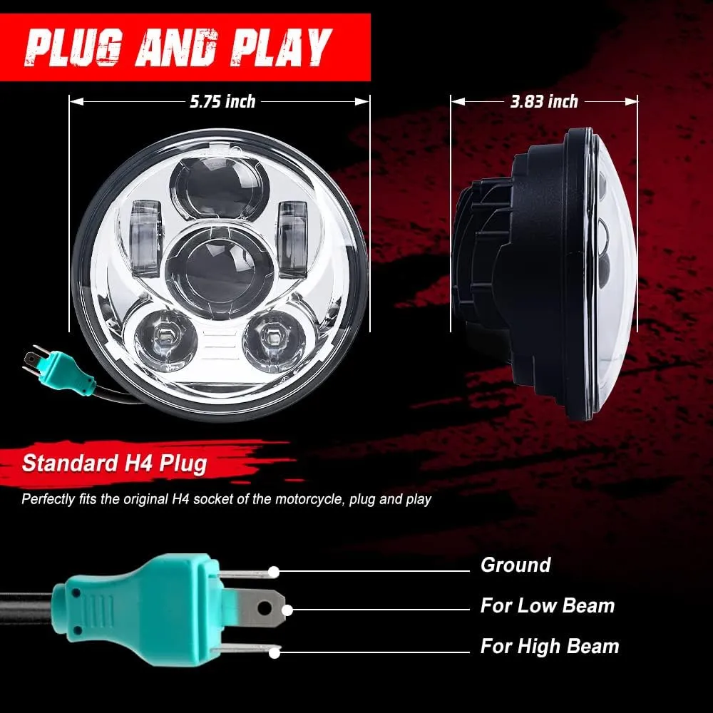 5-3/4 5.75 Inch LED Motorcycle Headlight Compatible with Harley Davidson Sportster Dyna Street Bob Low Rider Wide Glide Iron 883 1200 Softail Triple Headlamp