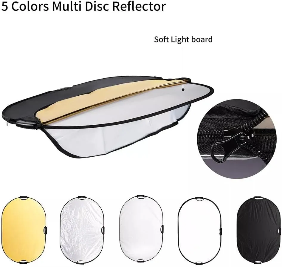 5 in 1 Photography Reflector,Collapsible Light Reflector with Handle,Portable Light Reflectors Diffuser Panel with Gold Silver White Black Diffuser for Studio Video