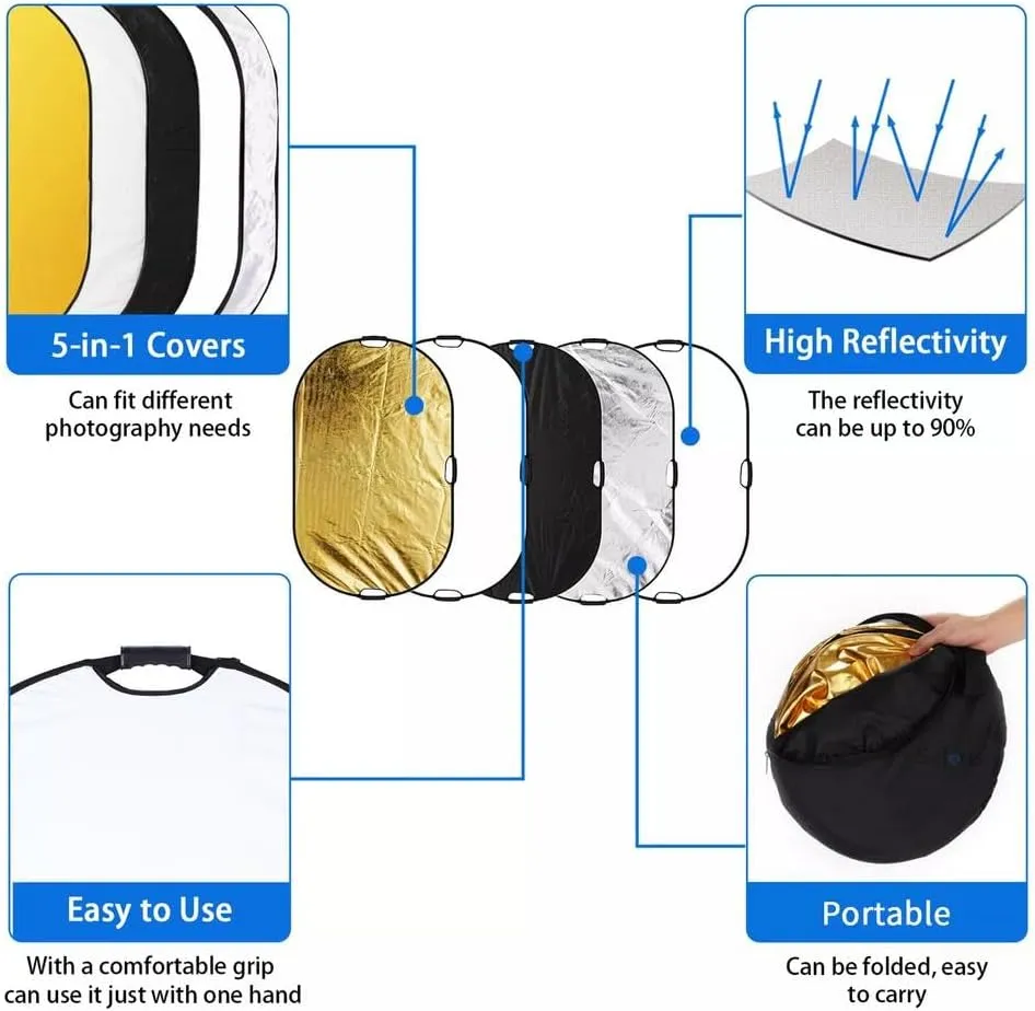 5 in 1 Photography Reflector,Collapsible Light Reflector with Handle,Portable Light Reflectors Diffuser Panel with Gold Silver White Black Diffuser for Studio Video