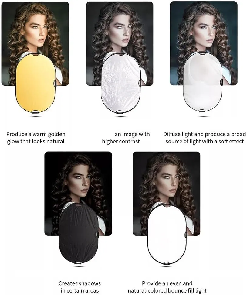 5 in 1 Photography Reflector,Collapsible Light Reflector with Handle,Portable Light Reflectors Diffuser Panel with Gold Silver White Black Diffuser for Studio Video
