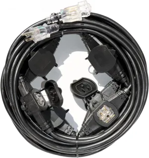 50FT Power Extension Cord - 3 Prong, 14 Gauge SJTW 5-15R Cable with Male Plug to Female Connector, 7 Outlet, Multiple Evenly-Spaced Plugs, Suitable for Stage or Outdoor, UL Certified