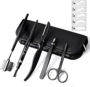 5PCS Eyebrow Grooming Kit,Eyebrow set with Eyebrow Pencil,Scissors,Eyebrow Brush Comb, Tweezers,Razor for Men and Women,Black