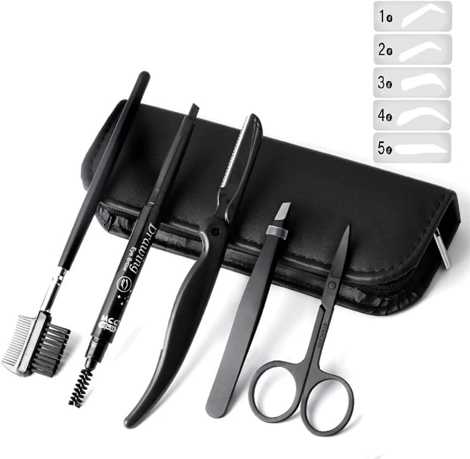 5PCS Eyebrow Grooming Kit,Eyebrow set with Eyebrow Pencil,Scissors,Eyebrow Brush Comb, Tweezers,Razor for Men and Women,Black