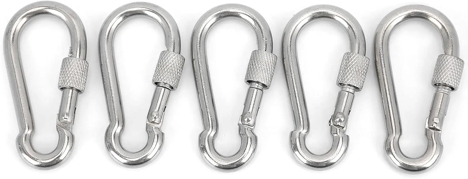 5Pcs Locking Carabiners Clip, 60mm Carabiner Clip with Nut Lock, Heavy Duty Spring Snap Hook for Camping, Gym,Rescue, Stainless Steel