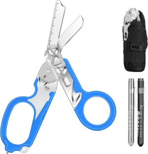 6 In1 Multifunction Emergency Response Shears, Stainless Steel Foldable Trauma Shears with Strap Cutter and Glass Breaker,Medical Scissors with Holster and Penlight Blue