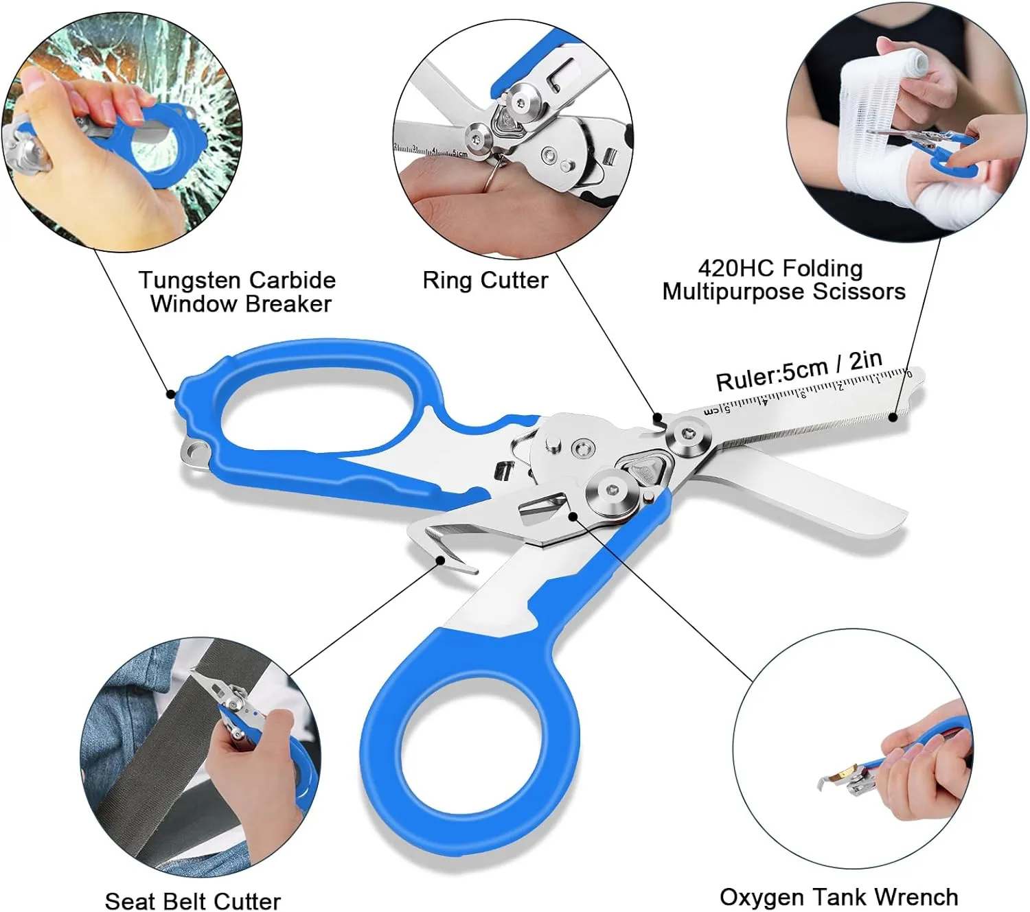 6 In1 Multifunction Emergency Response Shears, Stainless Steel Foldable Trauma Shears with Strap Cutter and Glass Breaker,Medical Scissors with Holster and Penlight Blue
