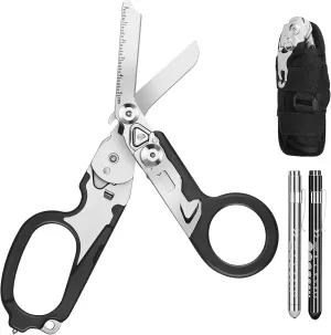 6 In1 Multifunction Emergency Response Shears, Stainless Steel Foldable Trauma Shears with Strap Cutter and Glass Breaker,Medical Scissors with Holster and Penlight