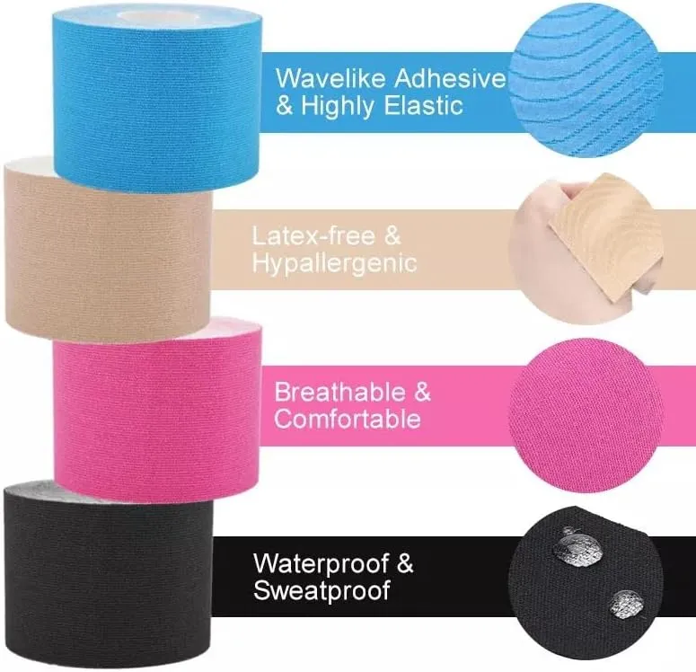 6 Pack of Waterproof Latex Free Kinesiology Recovery Tape 2 in x 16 ft Uncut Per Roll (Black)