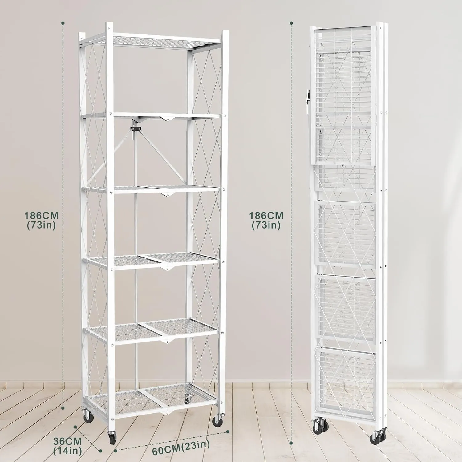 72" H 6 Tier Foldable Storage Shelf with Wheels, Folding Shelving Loads 600 LBS, Metal Steel Garage Shelves, Rolling Standing Utility Rack for Kitchen, Pantry, Office, White