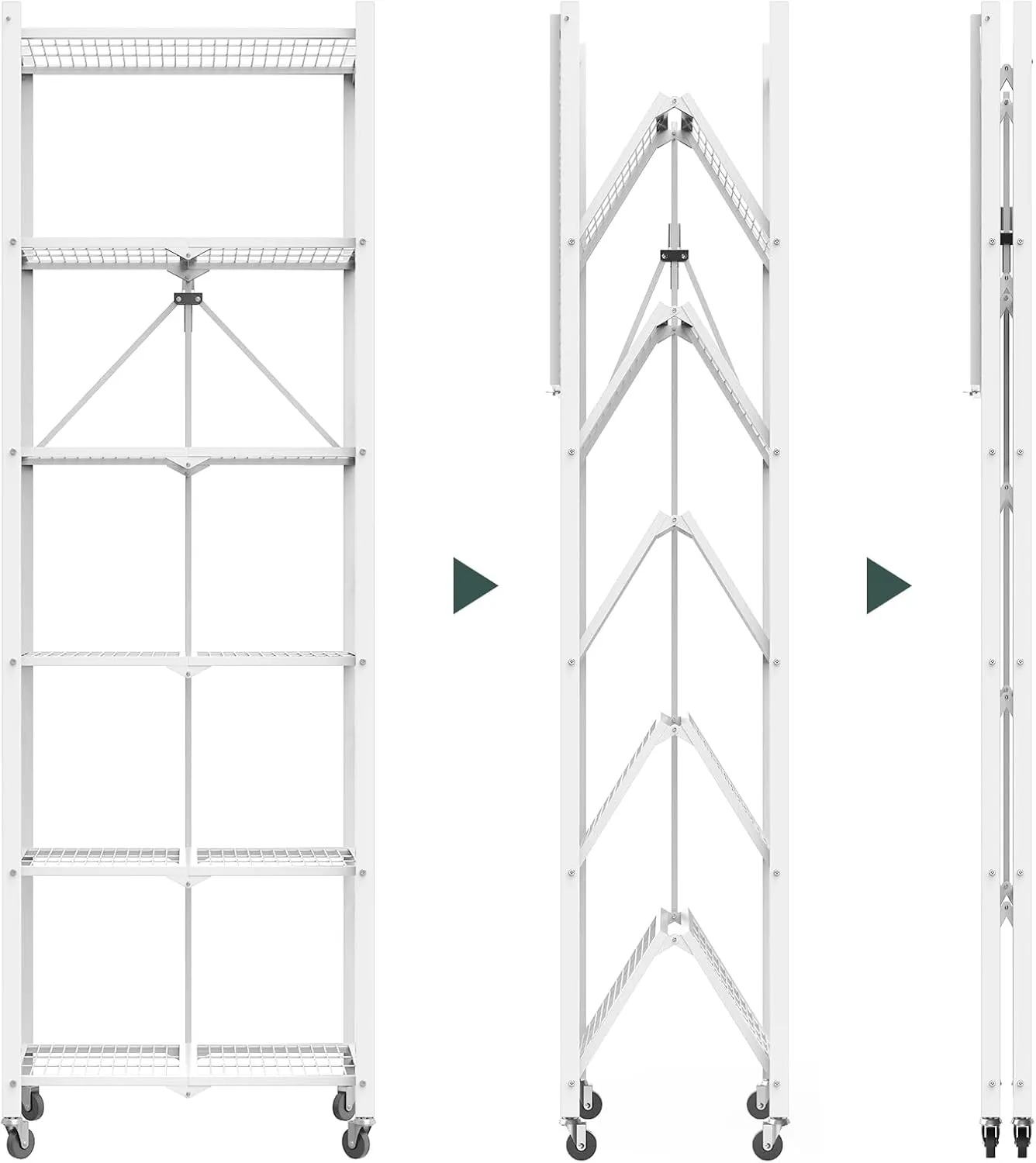 72" H 6 Tier Foldable Storage Shelf with Wheels, Folding Shelving Loads 600 LBS, Metal Steel Garage Shelves, Rolling Standing Utility Rack for Kitchen, Pantry, Office, White