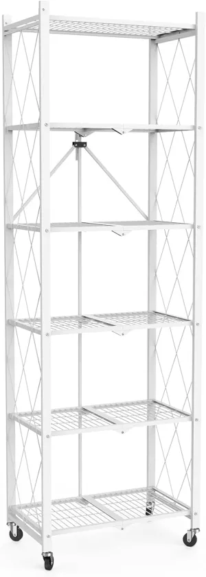 72" H 6 Tier Foldable Storage Shelf with Wheels, Folding Shelving Loads 600 LBS, Metal Steel Garage Shelves, Rolling Standing Utility Rack for Kitchen, Pantry, Office, White