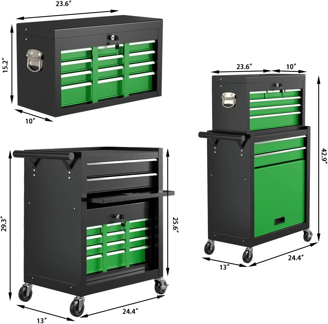 8-Drawer High Capacity Rolling Tool Chest, Removable Cabinet Storage Tool Box with Wheels and Drawers, Detachable Toolbox with Lock for Workshop Mechanics Garage(Black&green)