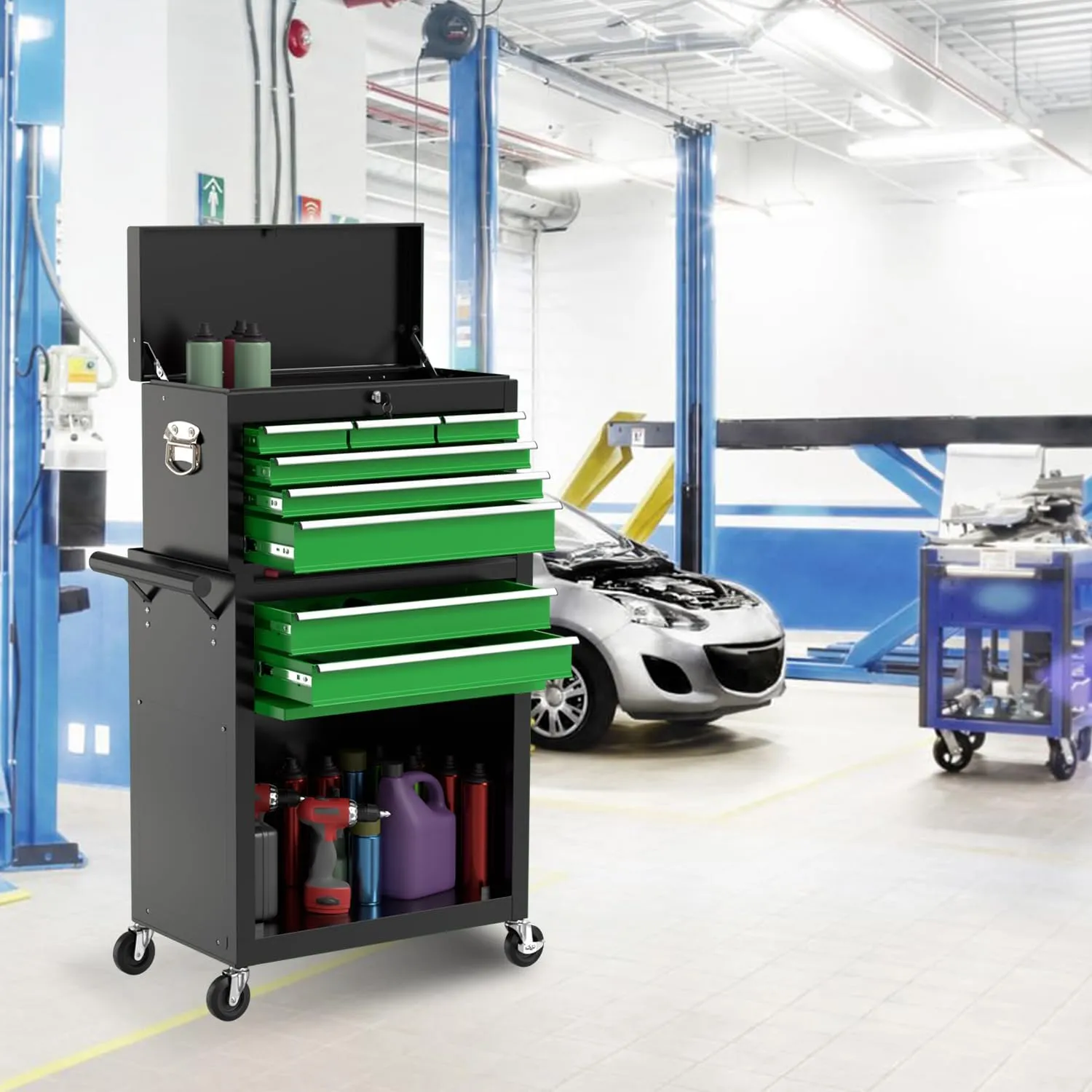 8-Drawer High Capacity Rolling Tool Chest, Removable Cabinet Storage Tool Box with Wheels and Drawers, Detachable Toolbox with Lock for Workshop Mechanics Garage(Black&green)
