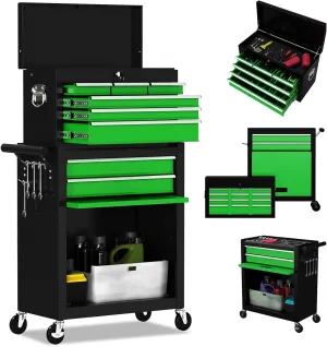 8-Drawer High Capacity Rolling Tool Chest, Removable Cabinet Storage Tool Box with Wheels and Drawers, Detachable Toolbox with Lock for Workshop Mechanics Garage(Black&green)