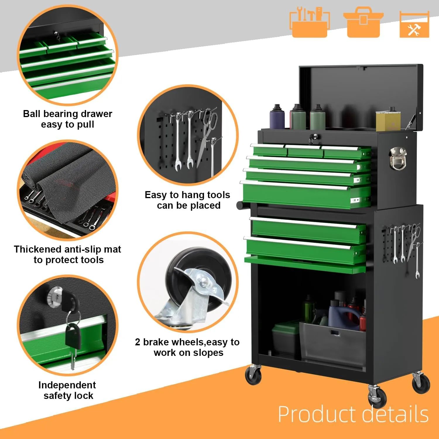 8-Drawer High Capacity Rolling Tool Chest, Removable Cabinet Storage Tool Box with Wheels and Drawers, Detachable Toolbox with Lock for Workshop Mechanics Garage(Black&green)
