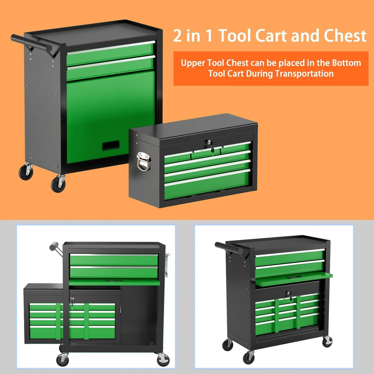 8-Drawer High Capacity Rolling Tool Chest, Removable Cabinet Storage Tool Box with Wheels and Drawers, Detachable Toolbox with Lock for Workshop Mechanics Garage(Black&green)