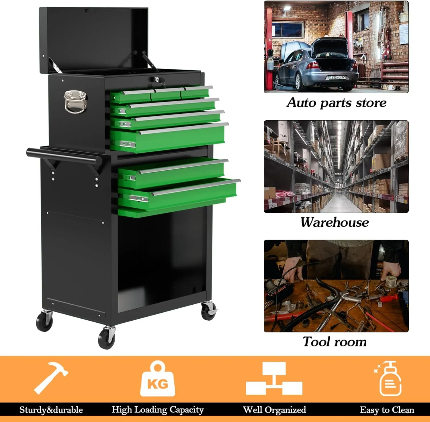 8-Drawer High Capacity Rolling Tool Chest, Removable Cabinet Storage Tool Box with Wheels and Drawers, Detachable Toolbox with Lock for Workshop Mechanics Garage(Black&green)