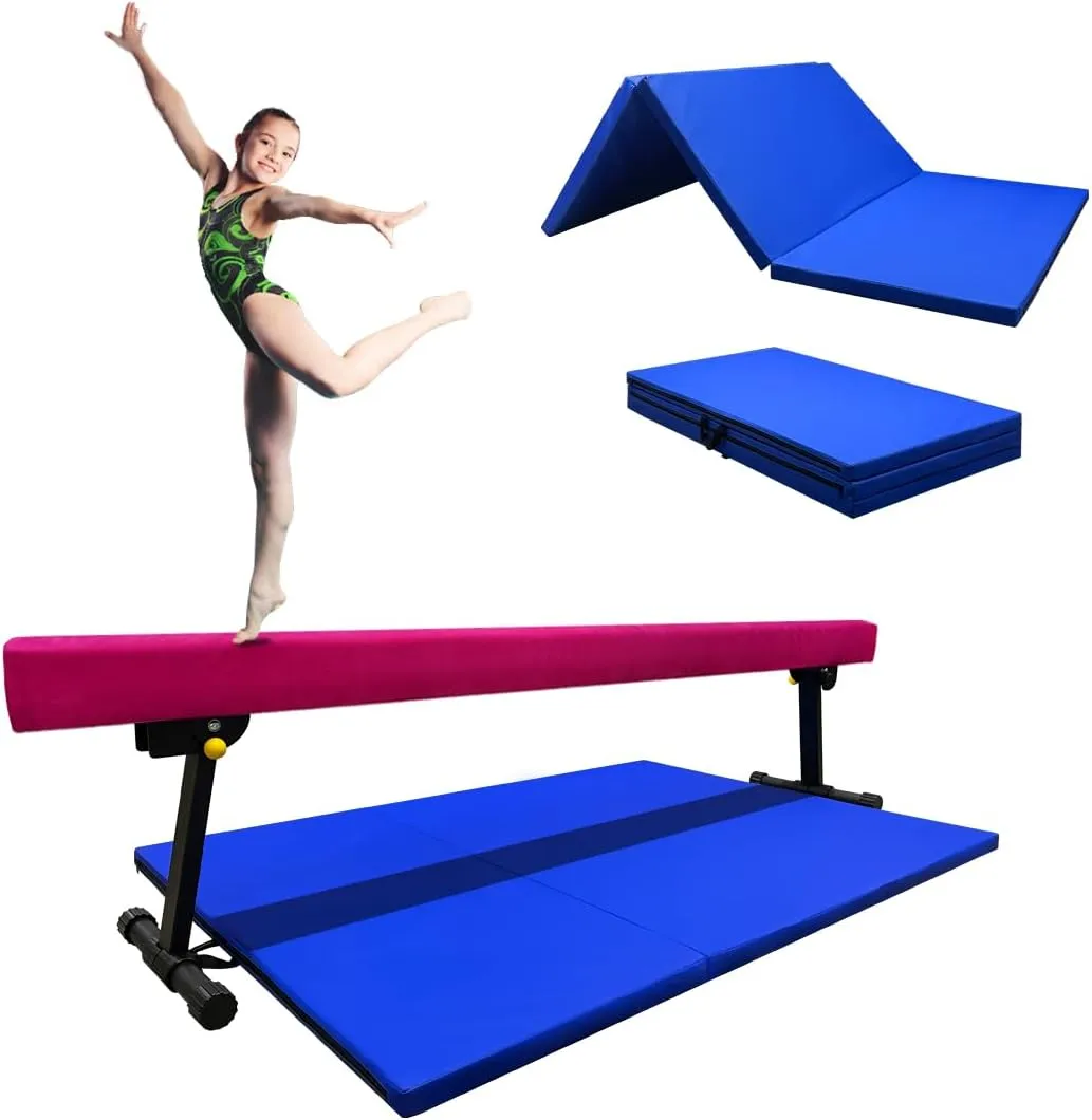 8ft Ultrasimple Adjustable&Foldable Balance Beam,High-Low Floor Beam Suede Gymnastics Equipment,No Tool Require, Gymnastics Beam for Training&Professional HomeTraining