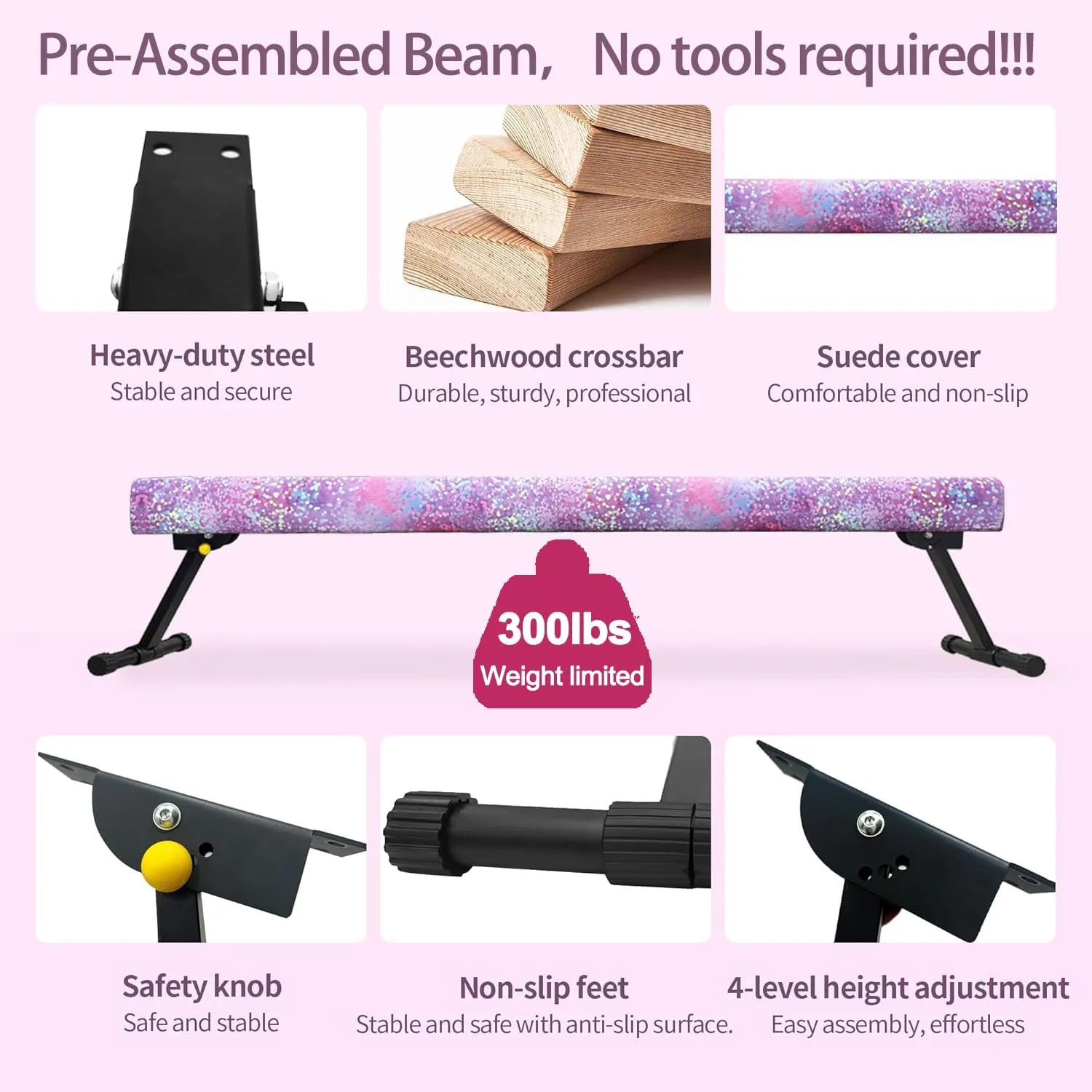 8ft Ultrasimple Adjustable&Foldable Balance Beam,High-Low Floor Beam Suede Gymnastics Equipment,No Tool Require, Gymnastics Beam for Training&Professional HomeTraining