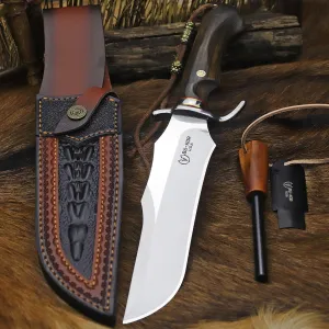 8mm 9CR18MOV steel (14.8IN) sandalwood handle Bowie knife   sheath & (5.9IN) cerium igniter, suitable for outdoor hunting, camping, survival, EDC tool knives