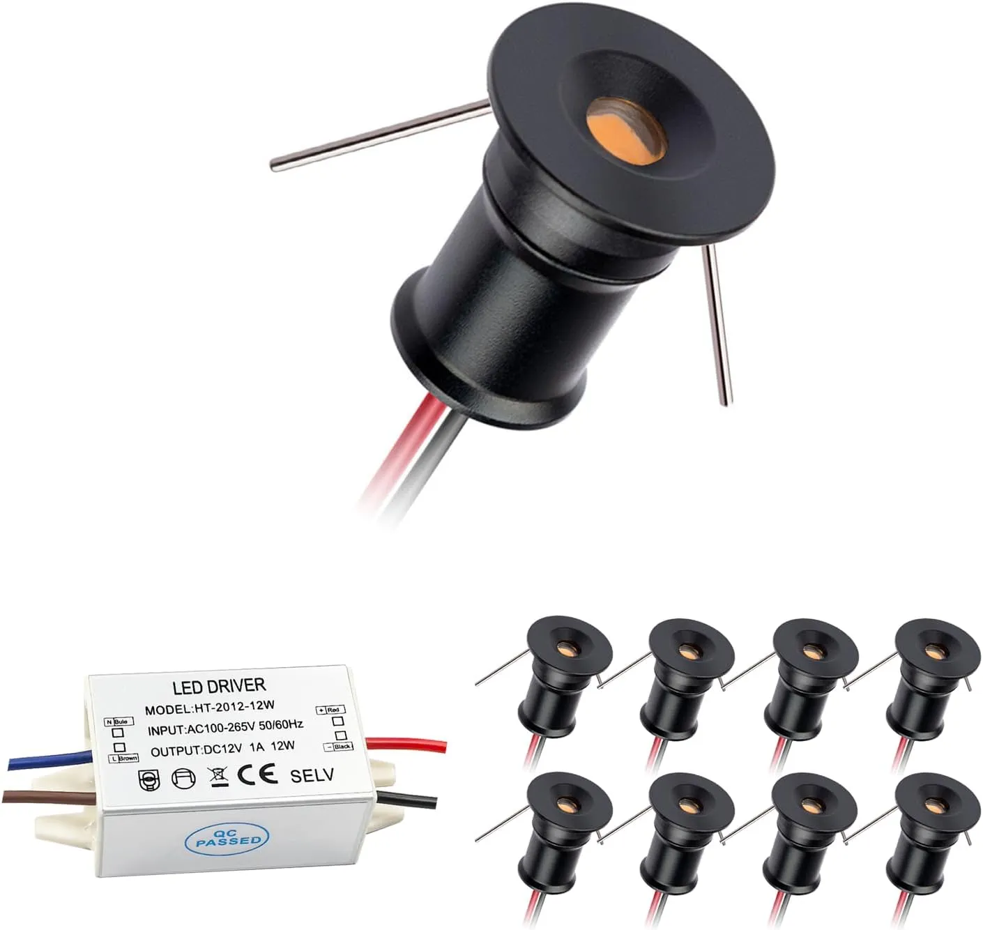 902 Led Mini Downlight DC12V 1W,Suitable for bookcases,cabinets,and Various Display cabinets as Decorative Lights,Embedded Installation,Soft Lighting,with Power Supply (3000K,Black,9Pack)