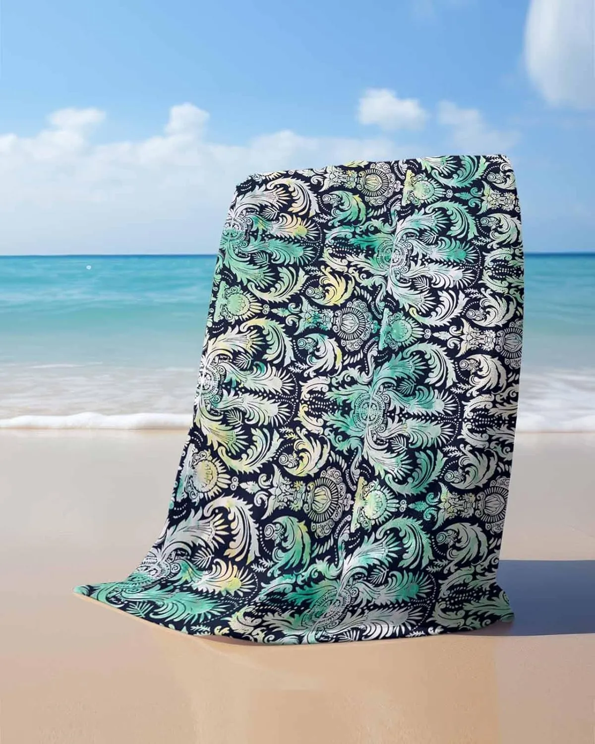 Abstract Beach Towel 23"x47" Microfiber Beach Towels Oversized Sand Free Quick Dry Beach Towel/Bath Towels/Yoga Towel/Pool Towels/Travel Towel for Women Men Girls Kids-Teal Hand-Painted