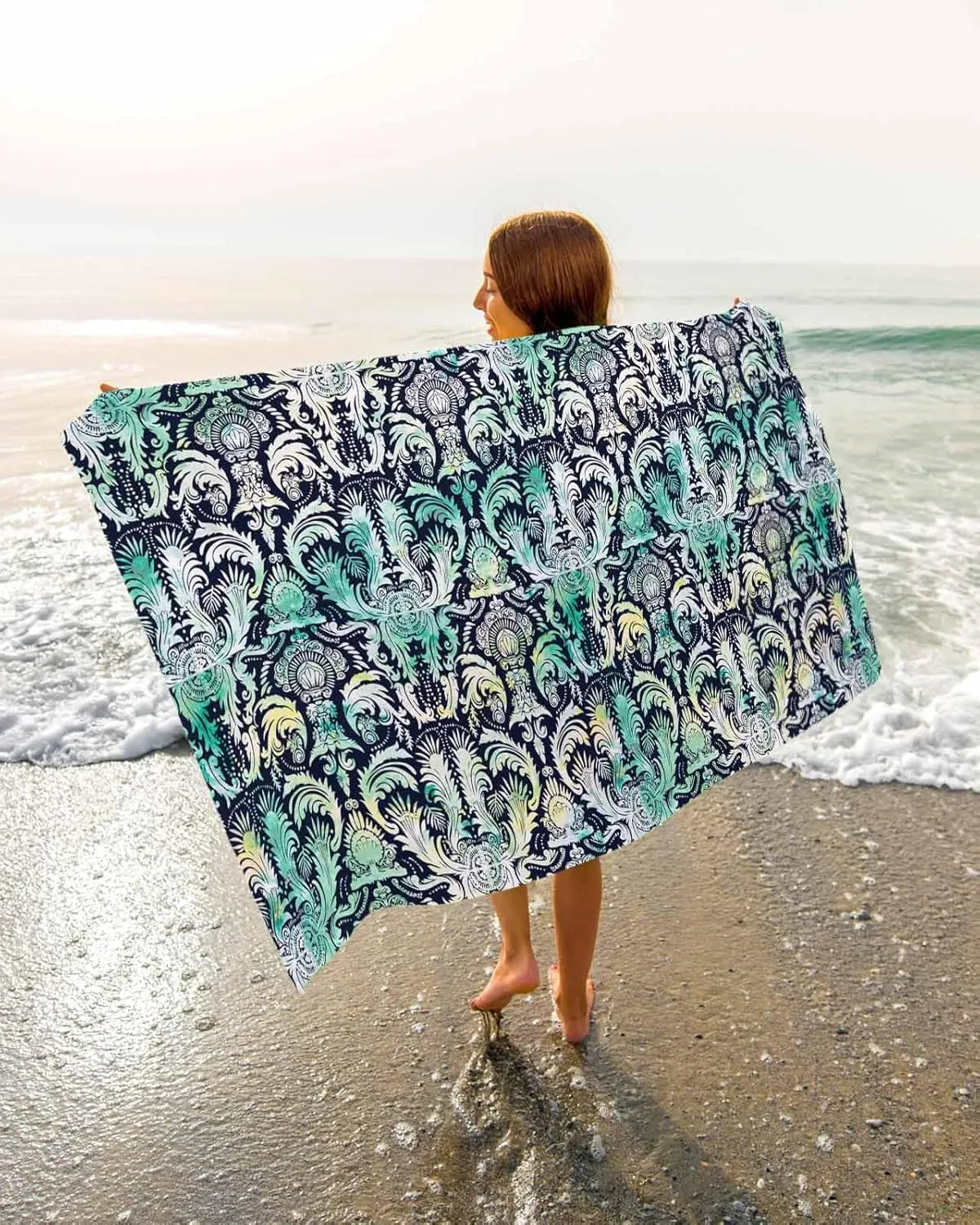 Abstract Beach Towel 23"x47" Microfiber Beach Towels Oversized Sand Free Quick Dry Beach Towel/Bath Towels/Yoga Towel/Pool Towels/Travel Towel for Women Men Girls Kids-Teal Hand-Painted
